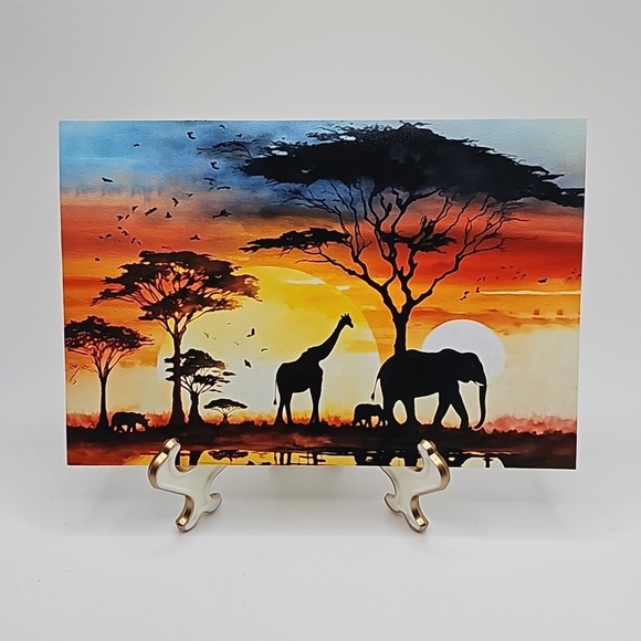 NobleCaptures Other - 4x6 African Safari Watercolor Oil Painting Print Sunset Landscape Majestic